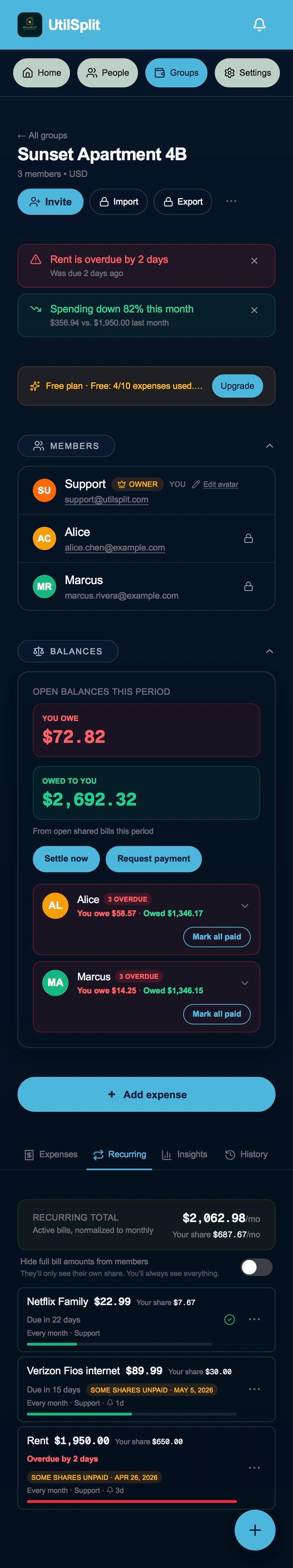 Group detail view with balances